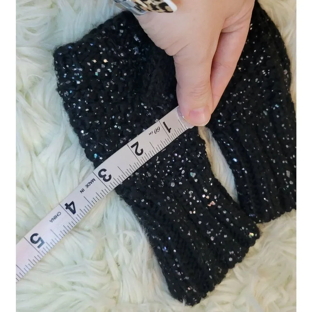 Old Navy Black Glitter Button Back Open Finger Mittens Acrylic Knit Child S-M Yo
